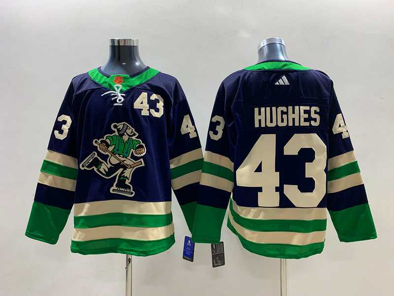Men%27s Vancouver Canucks #43 Quinn Hughes Navy 2022 Reverse Retro Stitched Jersey